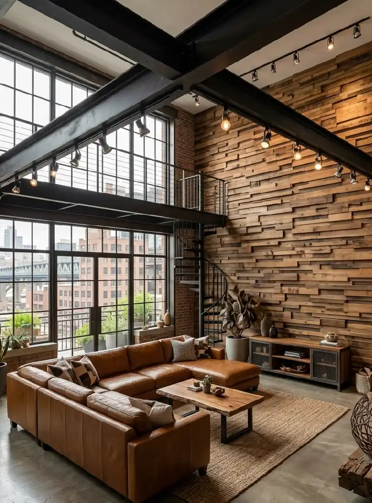Rustic Living Room Idea: Industrial Loft with Cantilevered Reclaimed ...
